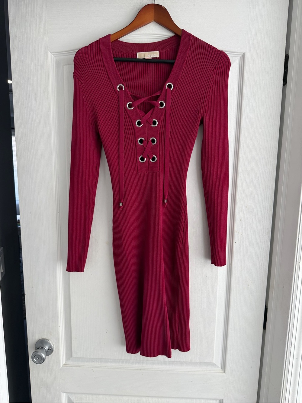 Michael Michael Kors Women’s Lace-Up Ribbed Knit midi Dress - cranberry colored